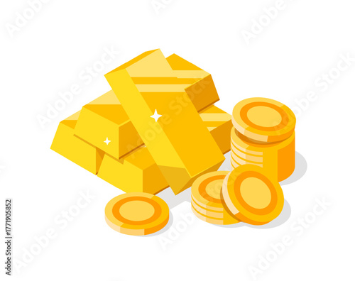 Gold coins and gold bars,flat design icon vector illustration