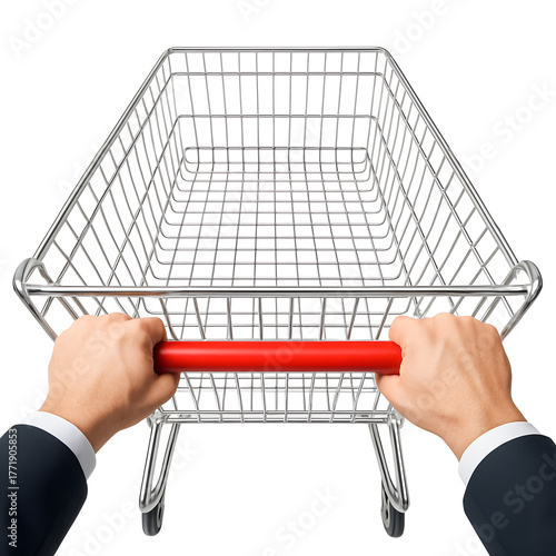 First Person View Pushing Shopping Cart, Empty Supermarket Trolley POV, Online Shopping Concept Graphic, Hands Pushing Retail Cart Image, Consumerism and Commerce Illustration