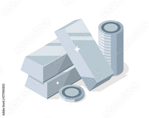 Silver coins and silver bars,flat design icon vector illustration
