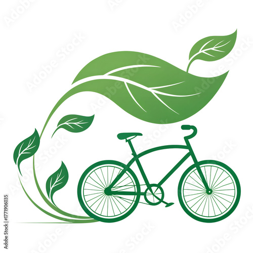 Eco-Friendly Leaf Bicycle Logo, Sustainable Transport Green Icon, Nature Bike Stylized Graphic, Organic Cycling Vector Symbol, Environmentally Conscious Bike Image