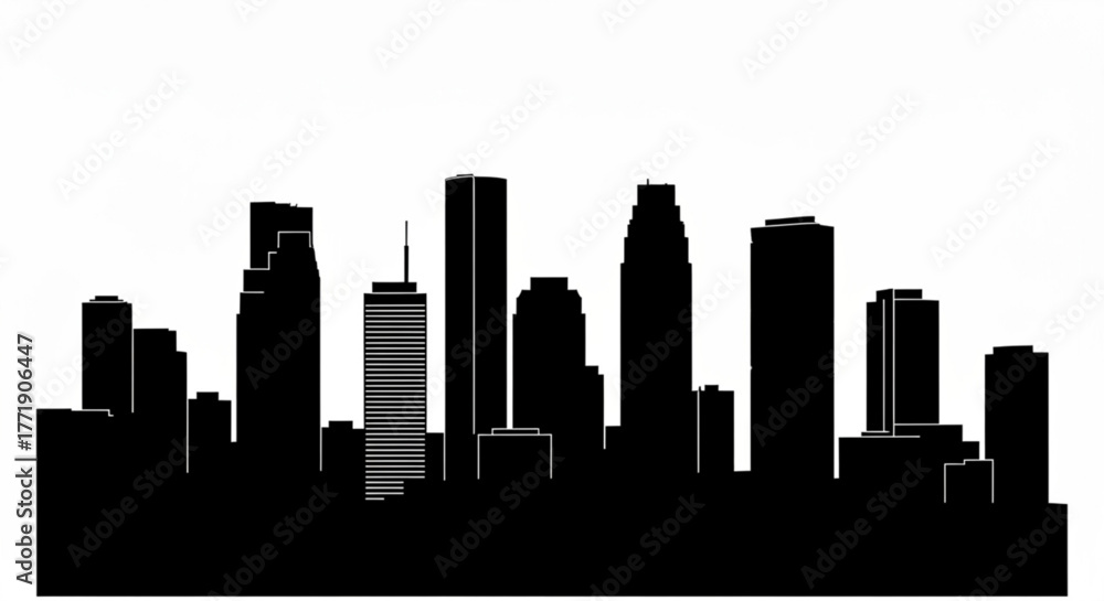 Naklejka premium A black and white cityscape silhouette featuring various tall buildings and skyscrapers on a white background created with generative ai