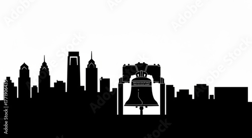 Silhouette of philadelphia skyline with liberty bell in black and white illustration view of the city created with generative ai