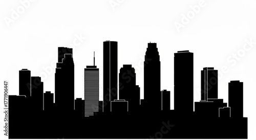 A black and white cityscape silhouette featuring various tall buildings and skyscrapers on a white background created with generative ai