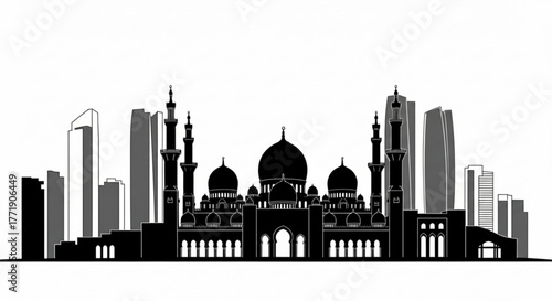 Silhouette of a grand mosque with minarets and modern skyscrapers in the background city landscape scene created with generative ai