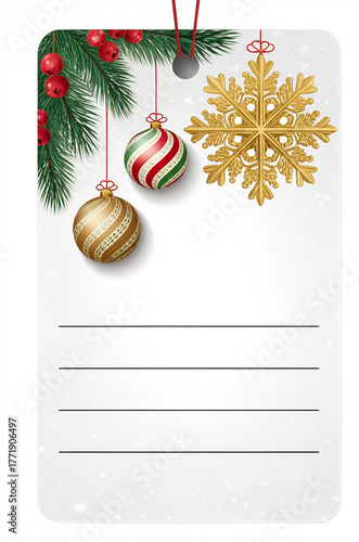 Printable Christmas Gift Tag Design, Elegant Holiday Ornament Label, Golden Snowflake and Bauble Tag, Pine Boughs and Berries Tag Template, Luxury Christmas Present Label