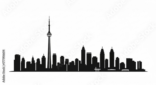 Silhouette of toronto skyline featuring the cn tower and various buildings in a monochrome cityscape view created with generative ai