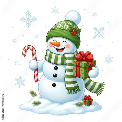 Cute Cartoon Snowman Illustration, Holiday Snowman with Green Scarf, Festive Winter Character Graphic, Snowman Holding Candy Cane and Gift, Cheerful Christmas Snowman Art