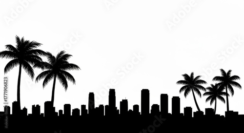 Silhouette of a cityscape with palm trees in the foreground against a white background creating a skyline view created with generative ai