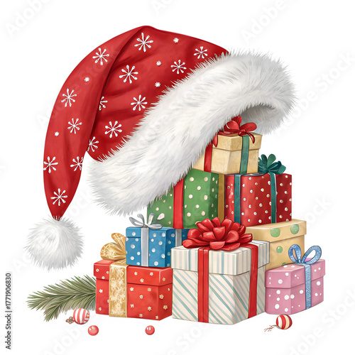 Christmas Gifts Piled in Santa Hat, Festive Holiday Present Stack, Santa Claus Hat with Presents, Red Hat and Wrapped Gifts Graphic, Digital Illustration of Christmas Abundance