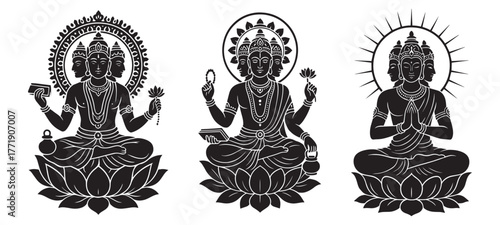 Lord Brahma silhouette vector art set with sacred lotus base, divine halo, and traditional Hindu spiritual symbolism