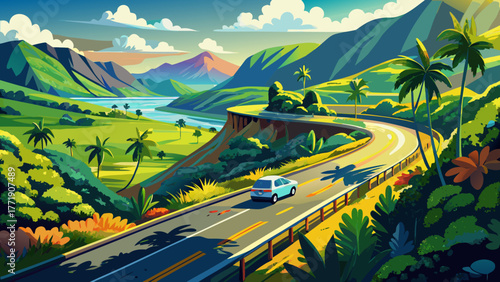 Very beautiful aerial view of a car driving along Kaumualii Highway in West Kaua‘i, Hawaii, USA, surrounded by lush tropical greenery, rolling hills, and scenic island landscapes under bright sunlight