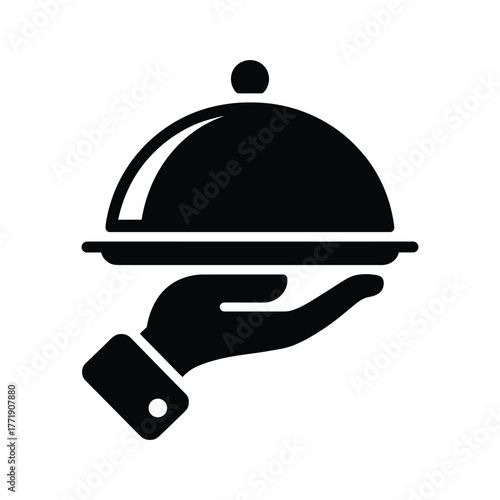 Hand holding serving tray with cloche lid icon for food service and hospitality