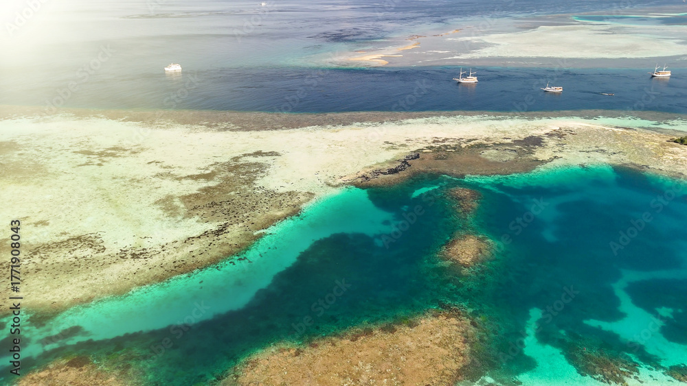 Obraz premium Drone panorama of Pulau Karangan showing tropical beach, clear Flores Sea waters, and lush island landscape