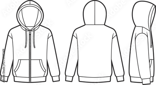 Zip up hoodie flat fashion sketch, unisex sweatshirt technical drawing, front back side view vector template