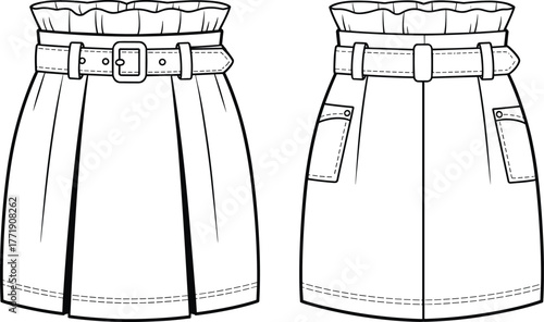 High waist belted skirt flat sketch, fashion design template, front and back vector illustration outline
