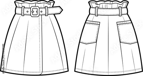 High waist belted skirt flat sketch, women’s fashion clothing template front and back vector illustration design