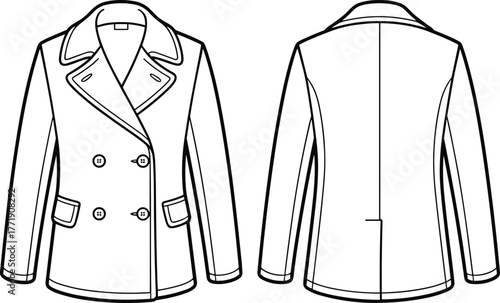 Classic double-breasted coat front and back view, elegant formal outerwear fashion flat vector illustration template