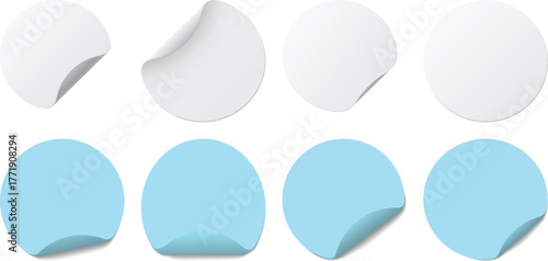 Circle Adhesive Stickers and Labels Vector Set, Realistic Peeling Corner Mockup Collection