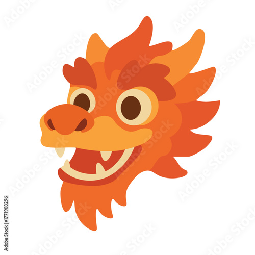 Smiling orange dragon head with golden details, traditional Chinese style, flat cartoon vector art.