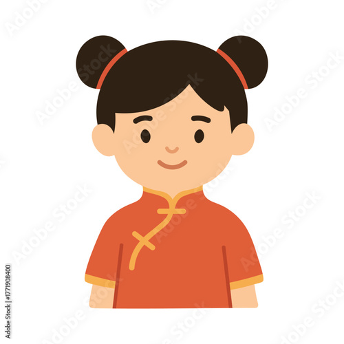 Cute girl in red Chinese traditional dress with buns hairstyle, flat cartoon illustration, isolated.