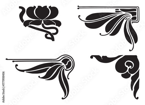 Vintage decorative corners silhouettes set, retro style,vector illustration, isolated on white background