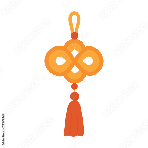 Decorative golden Chinese knot with red tassel, symbol of happiness and good fortune, flat style.