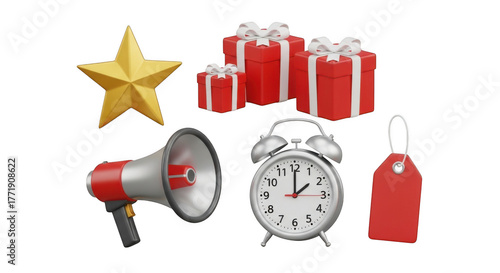 Collection of holiday and promotional icons including gifts star alarm clock megaphone and tag isolated on transparent background