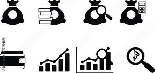 Finance and investment silhouette vector set of money banking and growth icons for business and financial design projects