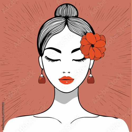 cerise halo bun serenade with floral pin, red-lipped repose and radial calm focus