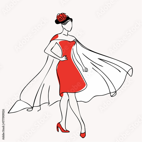 scarlet capelet siren in bloom crown and flowing sheath with confident editorial stride