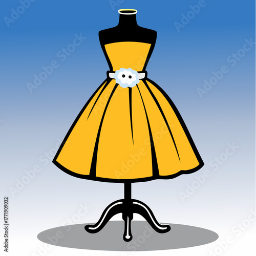 sunlit vintage strapless yellow frock on tripod mannequin with floral belt cinched waist