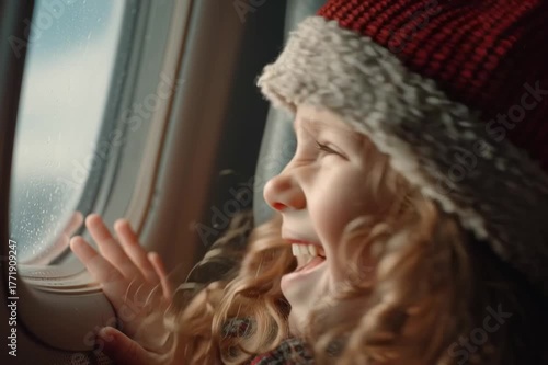 Cute little girl in Santa Claus hat traveling by an air plane.