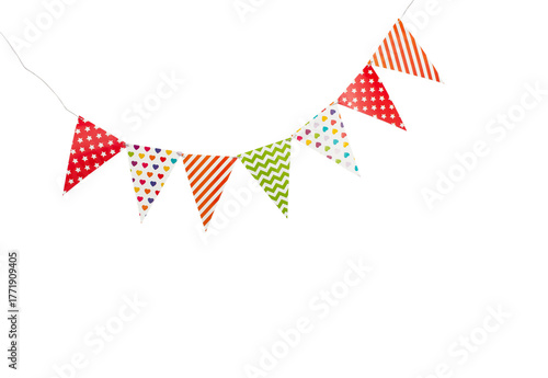 A carnival garland with multicolored flags on a white background.