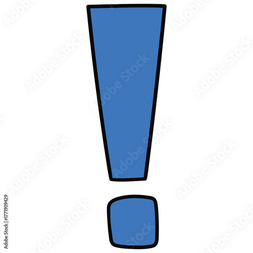 Hand-drawn cartoon blue exclamation mark on a white background.