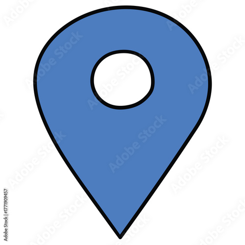 Hand-drawn cartoon blue map pin icon on a white background.