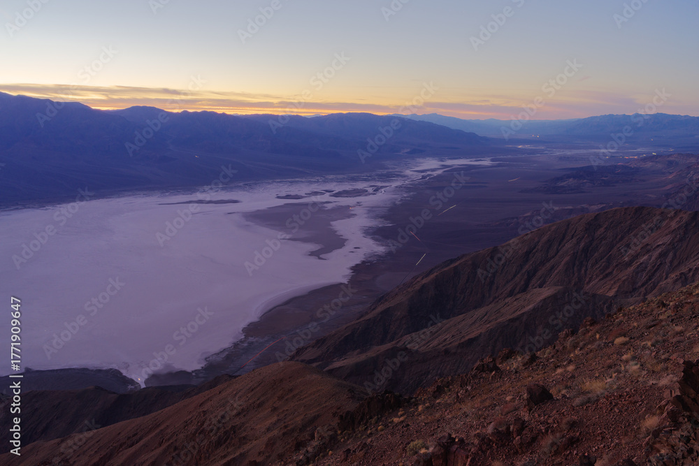 Fototapeta premium Scenery from Dante's View in Death Valley, California. Badwater Basin, salt flat, lowest point in North America. Shown on February 22, 2025.