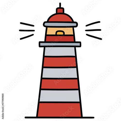 Hand-drawn cartoon lighthouse on a white background.