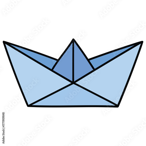 Hand-drawn cartoon origami blue paper boat on a white background.