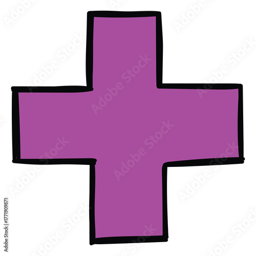 Hand-drawn cartoon purple plus sign on a white background.