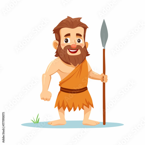 Homme avec sa lance, préhistoire, amusant, illustration, isolé sur fond blanc 