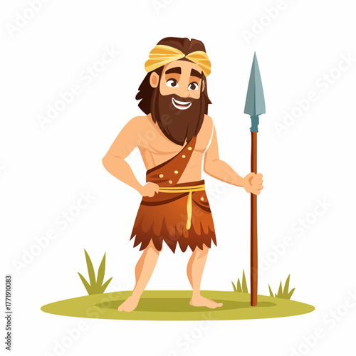 Guerrier ancien avec sa lance, barbe, tribal, souriant, isolé sur fond blanc