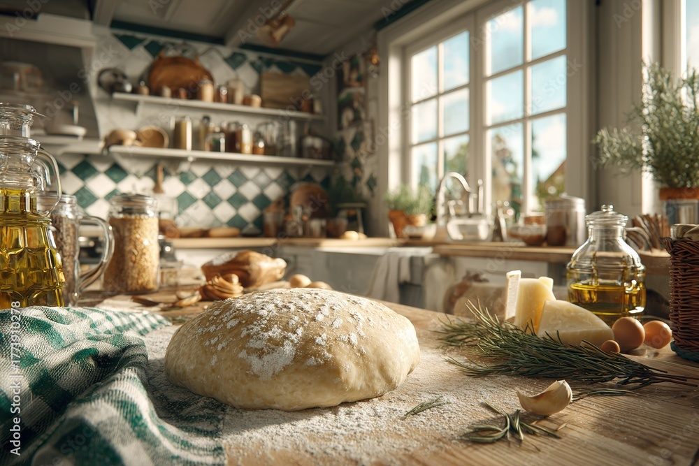 Fototapeta premium Dough rests on a wooden table in a cozy kitchen with sunlight streaming through windows