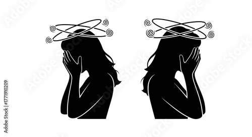 Two silhouettes of women with swirling halos and hands on faces