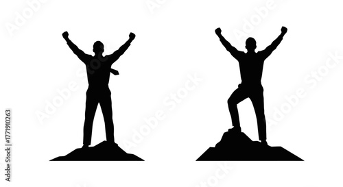Silhouettes of two men raising their arms in victory on hills