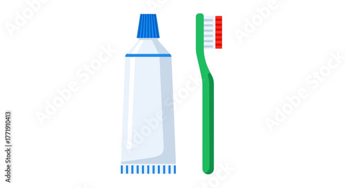 Cartoon illustration of a tube of toothpaste and a green toothbrush