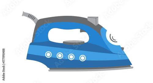 A simple cartoon illustration of a blue and grey household iron