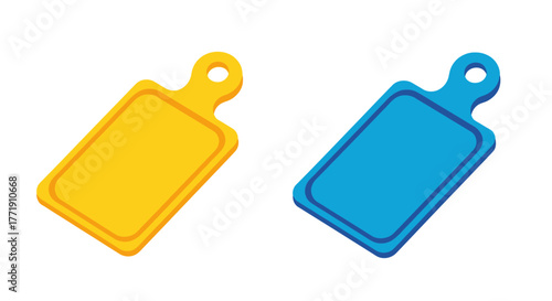 Two colorful plastic cutting boards with handles presented on a white background