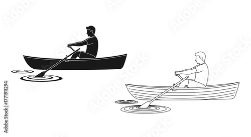 A solitary figure rowing a small boat on calm waters