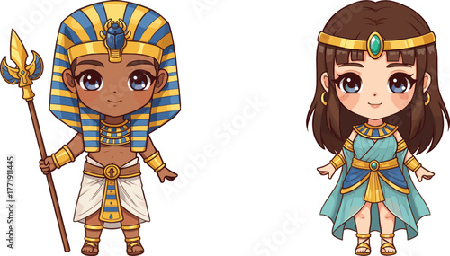 Ancient Egypt cartoon, pharaoh and queen, chibi characters, Egyptian costume, vector illustration, cultural heritage, royal attire, cute design, history