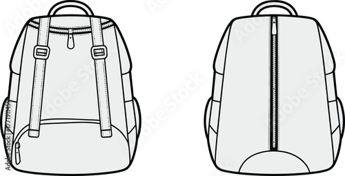 Backpack design, front view, back view, zipper pocket, shoulder straps, top handle, side pockets, technical sketch, gear layout, product concept